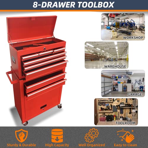 8-Drawer Rolling Tool Chest & Removable Tool Box With Locking System, Tool Box Organizer With 4 Wheels&Hooks, Large Capacity Garage Storage Cabinet For Warehouse And Repair Shop(Red) #TOP5
