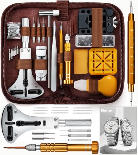 Bluvizo Watch Repair Tool Kit: Professional Watch Battery Replacement Link Removal Kit - 149 PCS for Back Case Opening and Strap Adjustment with Screwdriver