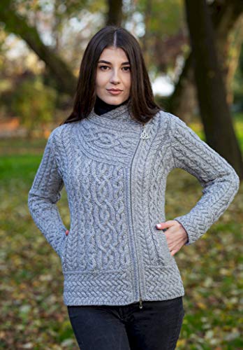 Image of SAOL Irish Cardigan for Women Made of 100% Merino Wool Ireland Sweater Cable Knit Zip Jacket