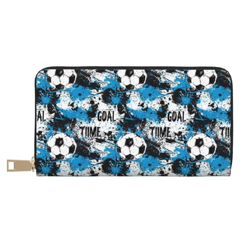 Blue Black Soccer Ball Print Wallet Women, Leather Bifold Multi Card Wallet, Long Purse Women's Wallets