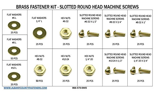 Brass Slotted Round Head Machine Screw Kit with Nuts & Washers #6-32 Though 1/4