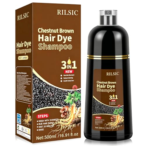 RILSIC Chestnut Brown Hair Dye Shampoo 3 IN 1 Herbal Instant Hair Color Shampoo for Women Men - Hair Colour Shampoo Grey Hair Coverage Black Hair Dye Coloring in Minutes (500ML)