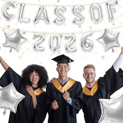 Image of Graduation Balloons, Class of 2026 Balloons, 16 Inch Silver Grad Class of 2026 Letters Foil Balloon with Star Balloons, Class of 2026 Decorations for High School College Graduation Party Decorations