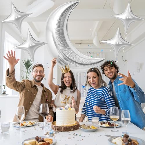 Image of Toys Treasure 5pcs Large 36 inch Metallic Moon + 18 inch Silver Star Foil Balloons - Birthday Graduation New Year Party (Silver Moon Star 5pcs)