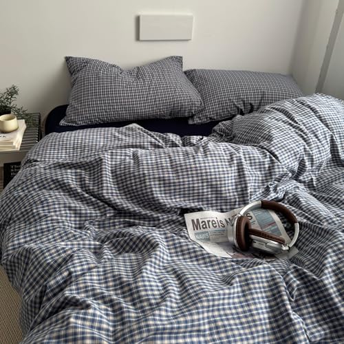 Image of EAVD Vintage Blue Plaid Gingham Duvet Cover Full Soft 100% Washed Cotton Reversible Grid Plaid Checkered Gingham Bedding Set with 2 Pillowcases Farmhouse Blue Plaid Duvet Cover with Zipper