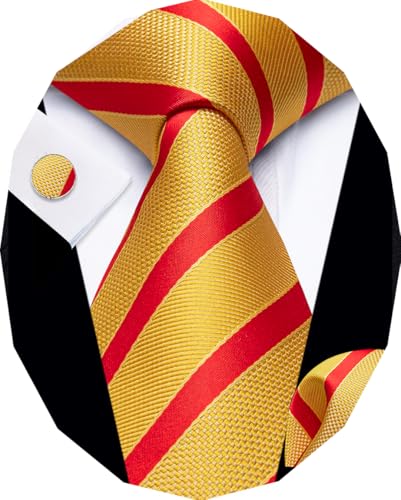 Image of YourTies Striped Ties for Men Classic Woven Silk Necktie with Handkerchief Cufflinks Set Formal Business Party Wedding