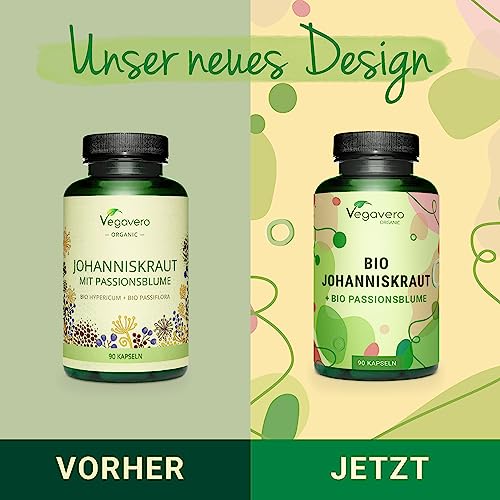 Bio Johanniskraut hochdosiert | mit Passionsblume | Extrakte aus Europa | Laborgeprüft | Hypericin - Flavonoide | Vegan - ohne Zusatzstoffe | Deutsche Produktion von Vegavero