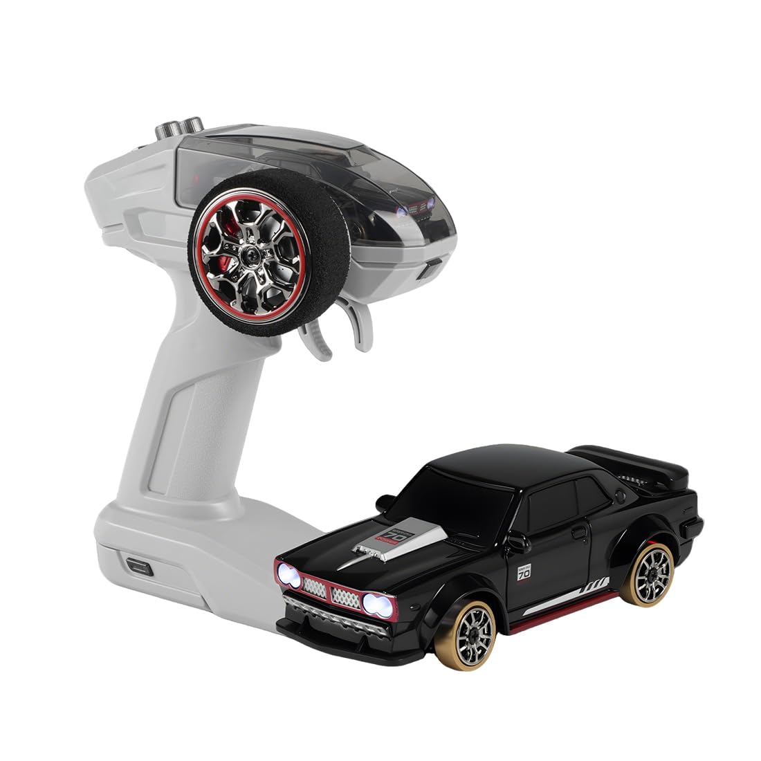 RC Drift Auto, 1:64, 4 WD, modalità doppia velocità, auto telecomandata con gas e sterzo completamente proporzionali, luce LED, regalo per appassionati e adulti (nero)