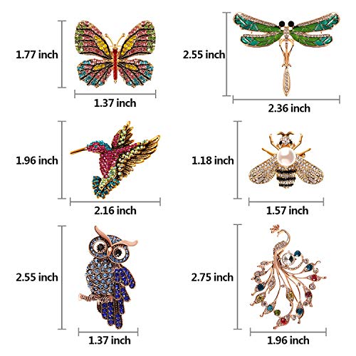 Hicarer 6 Pieces Women Brooch Set Crystal Pin Brooch Colorful Animal Shape Brooch Pin For Women Girls Party Favors (Dragonfly, Butterfly, Hummingbird, Owl, Peacock, Bee Design) #TOP4