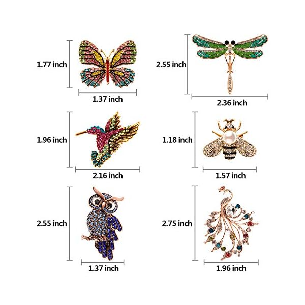 6 Pieces Women Brooch Set Crystal Pin Brooch Colorful Animal Shape Brooch Pin for Women Girls Party Favors (Dragonfly, Butterfly, Hummingbird, Owl, Peacock, Bee Design) - Image 6
