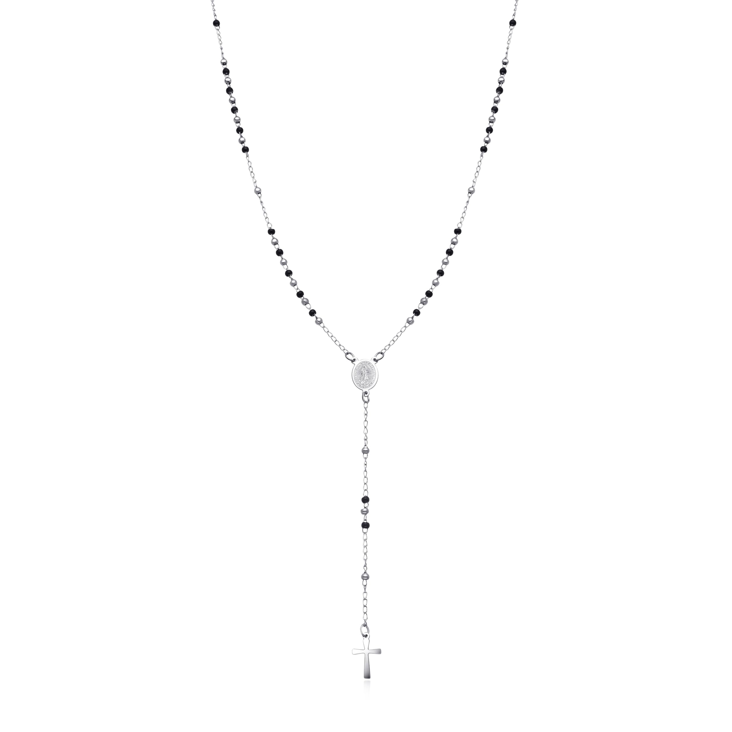 Dada Gioielli - Collana Rosario Uomo Donna Sfere Acciaio Argentato e Nero. Rosario moderno con medaglietta Madonna Miracolosa e croce