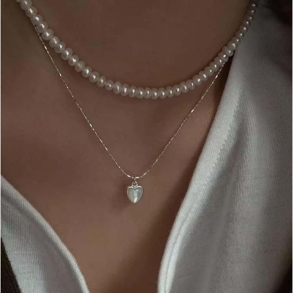 925 Collar de corazón de Concha de Plata esterlina para Mujeres Collar de Cadena de Cuentas