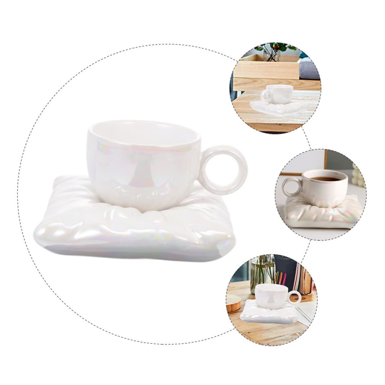 IMIKEYA Taza de Café Doméstica 200ml de Cerámica con Bandeja | Color Blanco, Forma de Almohada, Uso Diario y Mesa de Café, Incluye Posavasos