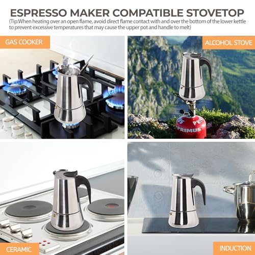 Image of Stainless Steel Moka Pot Express Coffee Maker Stovetop Espresso Percolator Coffeemaker Italian Classic Style Brewing Greca Cafe Mocha Machine for Cafeteras Lover Camping Travel 6 Cup 300ml