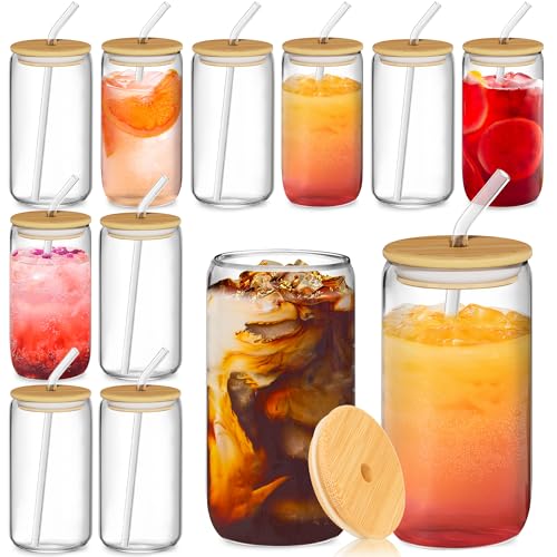 Naeqieo 12 Pcs Glass Cups with Bamboo Lids and Straws - 16oz Glass Tumbler