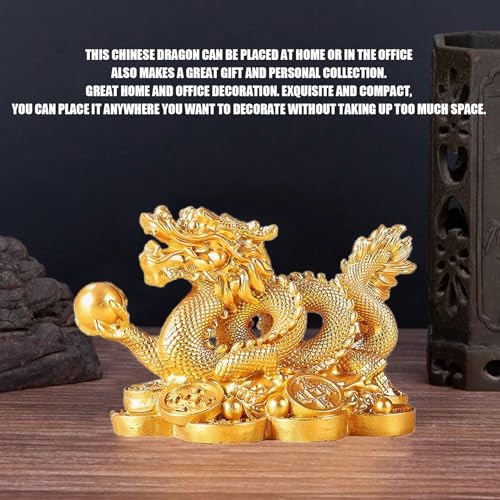 Elionless Chinese Dragon Statue, Feng Shui Dragon Ornament Attract Wealth And Good Luck Home Office Car Ornaments (Gold)