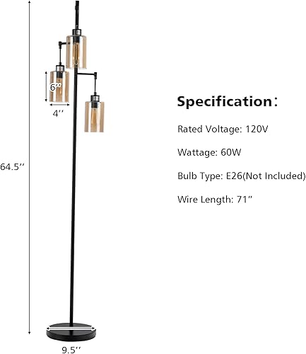 Miniatura 4 de Tangkula Lámpara de pie retro con pantalla de cristal ámbar colgante de 3 cabezales, interruptor de pie, base de metal, industrial para sala de