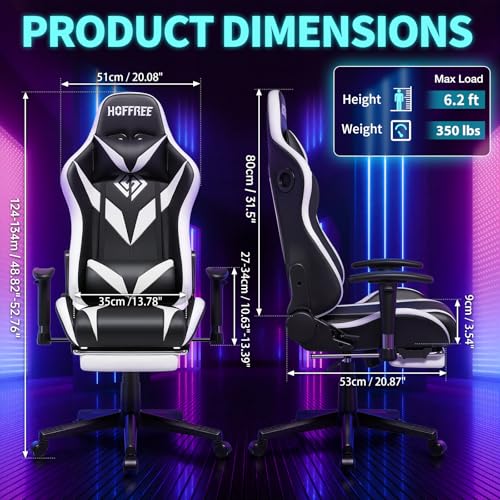 Led Gaming Chair with Speakers Massage 165° Reclining Computer Chairs-White — view 3