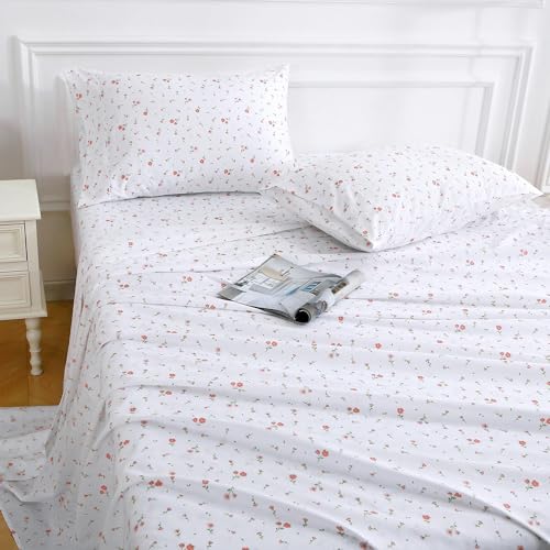 Image of Softan Pink Floral Full Sheet Set Flower Printed Bed Sheets Double - 4 Piece Microfiber Patterned Fitted Bed Sheets with 15 inch Deep Pocket & Straps, Cozy Cute Pink Sheets and Pillowcase Set