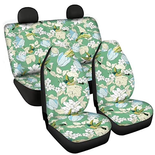 Image of Modysero Green Bird Flower Print Car Seat Cover Full Set Novelty Soft Elastic All Season Automotive Seat Cover for Women Universal Auto Seat Cover Accessories Fit Most Cars Vehicles