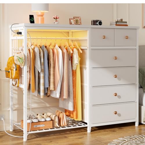 Image of EnHomee 49.2" W Dresser with Hanging Rack & 6 Fabric Drawers for Bedroom, Featuring LED Lights and Charging Station, White Fabric Dressers & Chest of Drawers with Grid Panel & 4 Hooks, Wooden Top