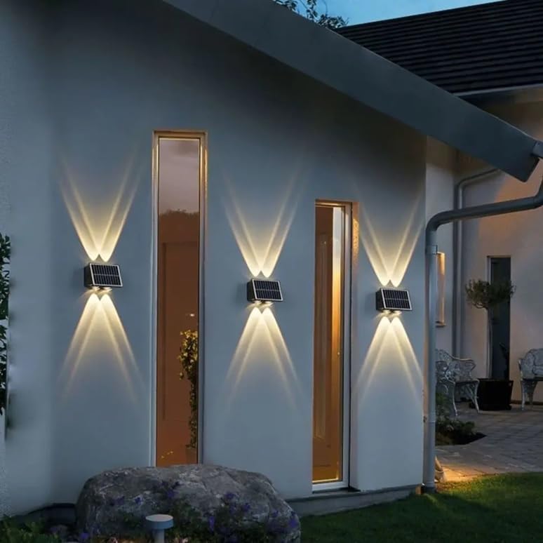 Image of kh Solar Outdoor Wall Light Up & Down | 4 LED Solar Wall Lamp with Warm White Light | IP65 Waterproof Exterior Lighting for Garden, Patio, Balcony, Garage, Pathway & Home Wall (1 Piece)
