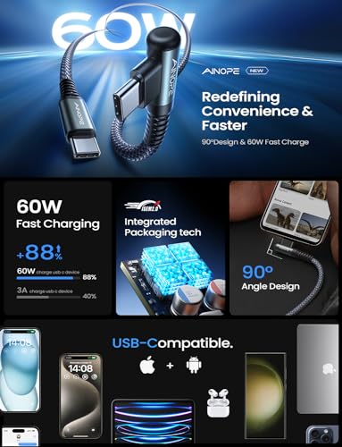 Image of AINOPE USB C to USB C Cable 10FT 2Pack 60W Type C Cable Righe Angle for iPhone 16 Pro Max Charger Fast Charging Long Charger Cord Cable 10FT Compatible with iPhone 16 MacBook iPad Pro Airpods Pixel