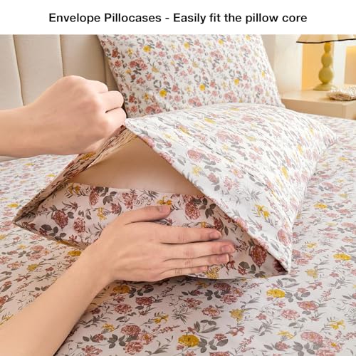 Image of Viviland Floral Queen Sheet Set - 4 Piece Vintage Pink & Yellow Flower Patterned Bed Sheets - Soft, Breathable Microfiber Sheets with Deep Pocket, Non-Slip Fitted Sheets & Pillowcases