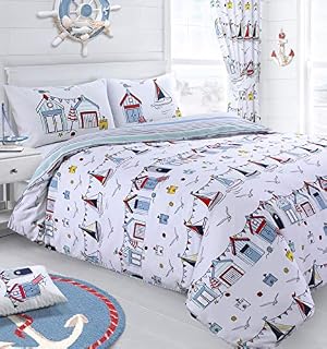 Velosso Nautical Seaside Boats Beach Hut Sail Reversible Duvet Cover & Pillowcase Bedding Set (Single)