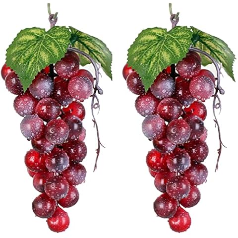 Bairdish 2pcs Red Simulation Grapes Bunches Lifelike Artificial Grapes Fake Grape Bundle for Vines Decoration Wine Kitchen Garland Decor Faux Fruit Props(36 Grains 7Inches Long) Cover