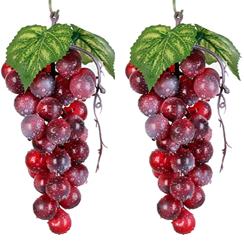2Pcs Red Simulation Grapes Bunches Lifelike Artificial Grapes Fake Grape Bundle For Vines Decoration Wine Kitchen Garland Decor Faux Fruit Props(36 Grains 7Inches Long) #TOP10