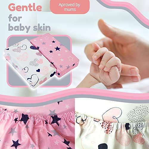 Selemavi Next to Me Crib Sheets  2pcs Crib Baby Sheet Set 100 Percent Organic Cotton Fitted Crib Sheets for Bedside Cribs  Made in Europe (83x50cm, Pink Hearts&Stars)