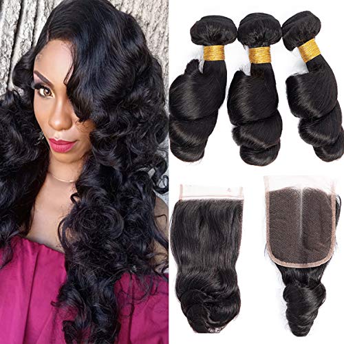 Human Hair Remy Loose Wave 3 Bundles with Closure 100% Brazilian Loose Wave Bundles with Lace Closure Natural Color(10'' 12'' 14" + 10'')