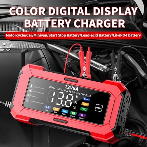 Image of Ash & Roh 12V 6A Smart Pulse Repair Car Battery Charger with Digital LED Display - Automatic Charging for Lead-Acid, AGM, Gel & EFB Batteries (Not for Lithium Batteries)