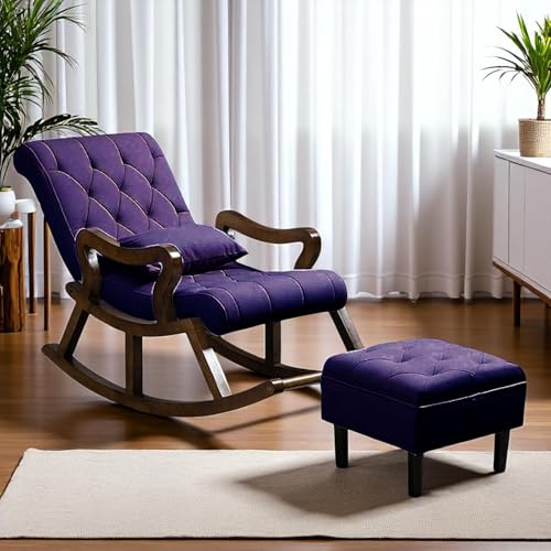Image of CRAFTCITY Sheesham Wood Elegant Chair with Pillow and Matching Foot Stool /Living Room Chair /Rose Wood Rocking Chair,Pre-Assembled (Purple, Rocking Chair with Ottoman)