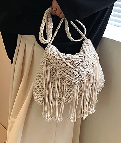 Image of Crossbody Purse for Women Cute Macrame Hobo Satchel Bags Knit Summer Beach Bag Tassels Shoulder Crochet Tote Handbag