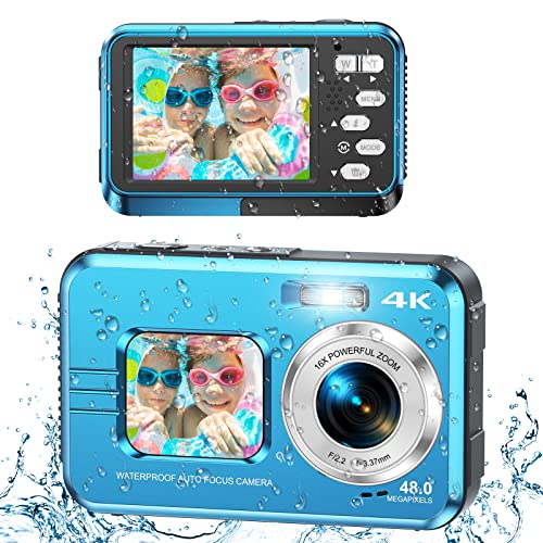 Underwater Cameras, 4K Waterproof Digital Camera 48 Mp Autofocus Function Selfie Dual Screens With 16X Digital Zoom Compact Portable 11Ft Underwater Camera For Snorkeling, Waterproof, 2 Battery(Blue) #TOP19