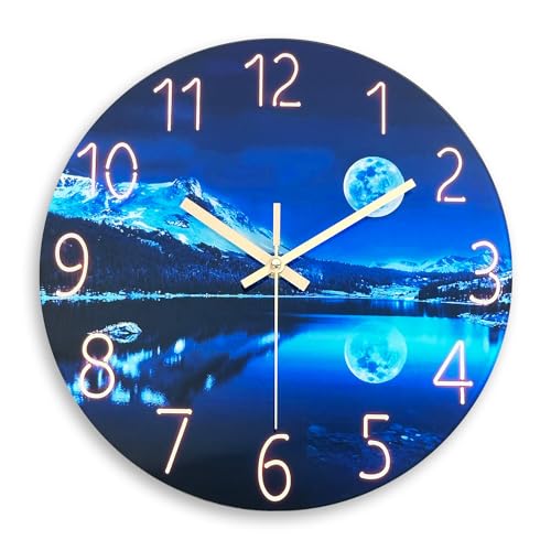 Blue Moon Wall Clock for Kitchen Glass Wall Clock 14 Inch Round Decorative Wall Clocks Battery Operated