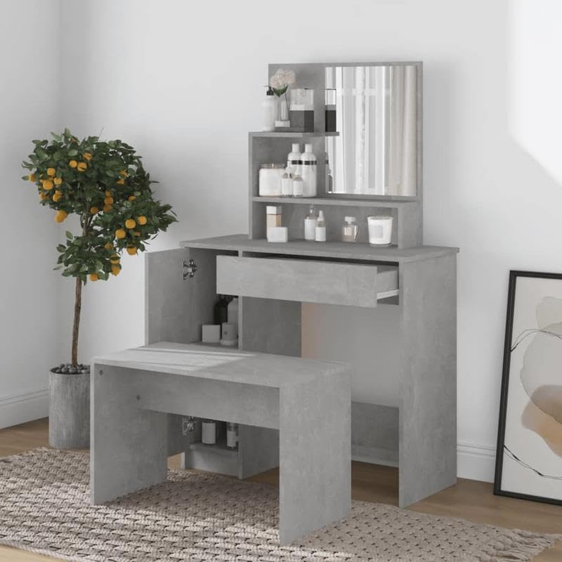 Eleganz Tocador con espejo gris hormigón 86,5 x 35 x 136 cm: mesa cosmética con cajones – taburete tocador cómoda