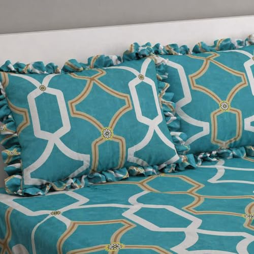Image of VOMZER Cotton Feel King Size Flat Bedsheet for Double Bed, 1 Cotton Feel Bed Sheet Double Bed (90x100 Inches) with 2 Frill Pillow Cover, Aqua White