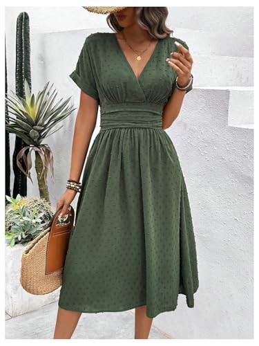GORGLITTER Women's Wrap V Neck A Line Flowy Maxi Dress Summer Short Sleeve Ruched Smocked Holiday Beach Dresses Green Medium - Image 5