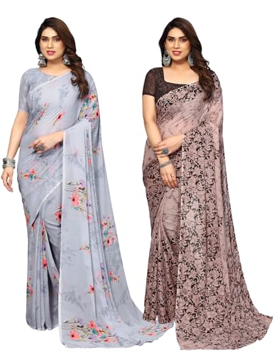 Image of SIRIL Women's Georgette Printed Saree With Unstitched Blouse Piece Combo Pack Of 2