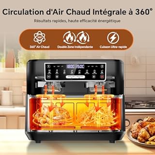 Air Fryer 12L | Friteuse à Air Chaud XXL Mode Flexible 1 ou 2 Zones, 2600W Double Chauffage Contrôle Indépendant Fenêtre et Éclairage, Friteuse sans Huile 2 Compartiments 8-en-1 Écran Tactile Recettes
