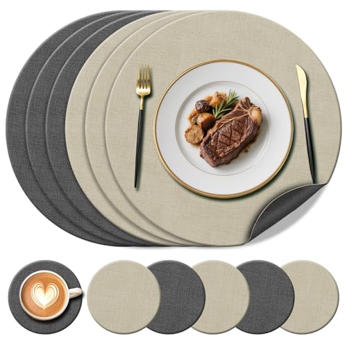 YUNJUER Juego de 6 manteles individuales redondos de cuero (38 cm) + 6 posavasos (10 cm), resistentes al calor, antideslizantes y lavables, manteles individuales de doble cara para el hogar, hotel
