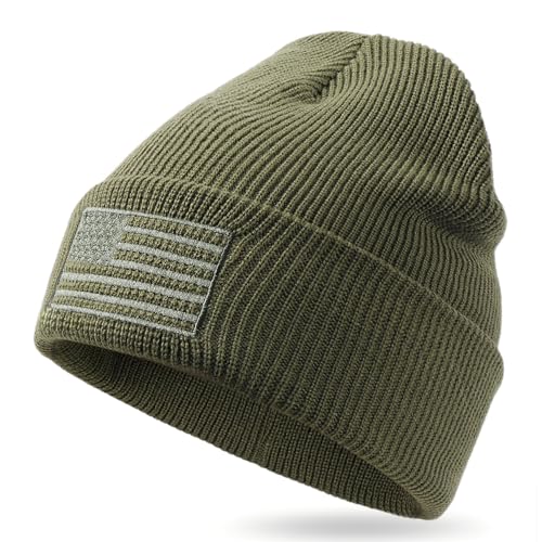 OUTDOOR SHAPING American Flag Embroidered Knit Cuffed Beanie for Men Women Tactical Winter Warm Hat Army Green