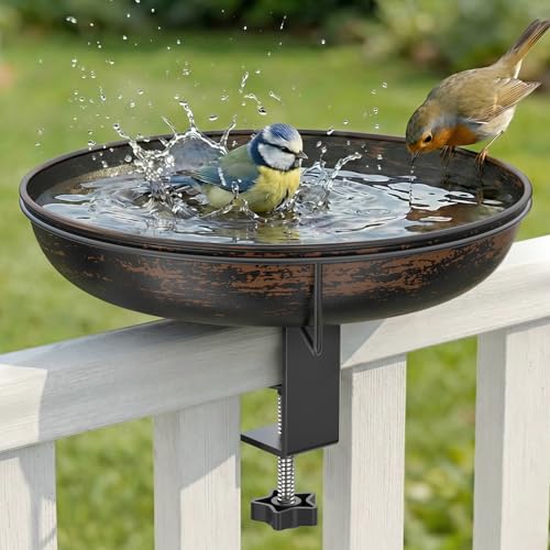 WELDUN Vogeltränke hängend für Balkongeländer 26CM Metall Vogelbad Balkon Große Kapazität Antike Vogelbad Garten für Wildvögel Winterfest Futter Wasserschale Vintage Bronze