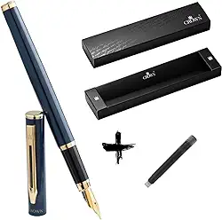 Kit Caneta Crown Capricci Tinteiro Ponta de Pena Iridium Alemã + Case Exclusiva Crown + Refil Extra Preto (Azul)