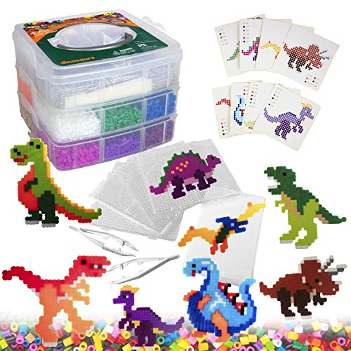 8,000pc DIY Complete Fuse Bead Kit w Carrying Case - Dinosaurs - 18 Colors, 8 Unique Templates, 4 Peg Boards, Tweezers, Ironing Paper - Works w Perler Beads, Pixel Art Color by Numbers Toy Project