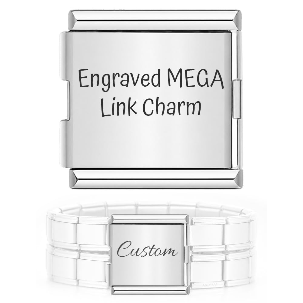 Andska Personalised MEGA Link 18mm XL Charm for 9mm Italian Modular Stretch Bracelet, Custom Engraved Name Date Pet Paw Heart Charm, Silver Steel (Text)
