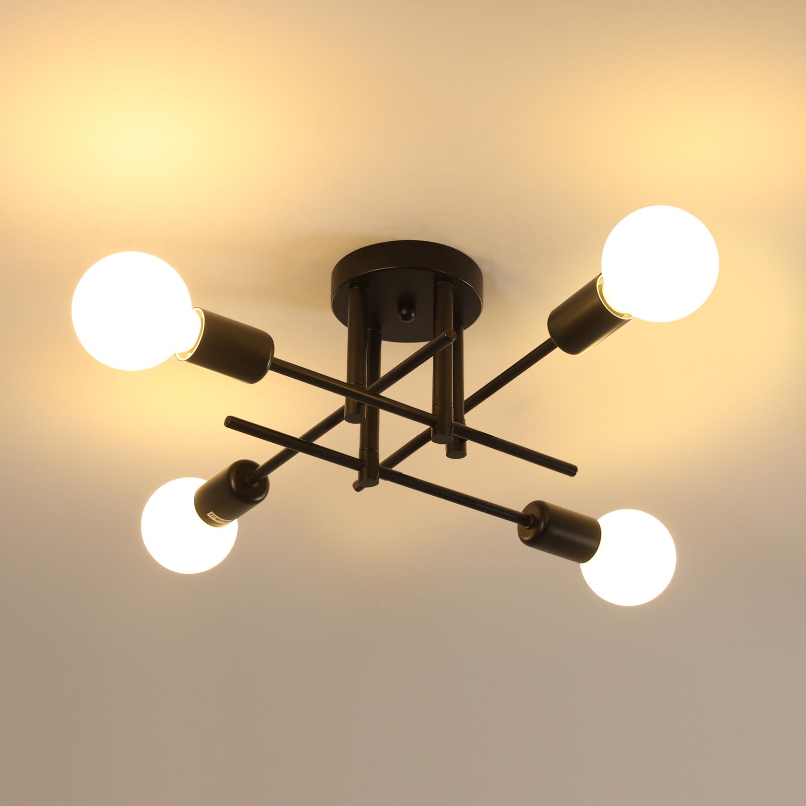 Riserva Lampadario Industrial Nero, E27 Plafoniera Soffitto Moderna Design, 4-Luci Lampada da Soffitto in Ferro per Camera da Letto, Soggiorno, Sala da Pranzo, Balcone,(Bulbi non inclusi)